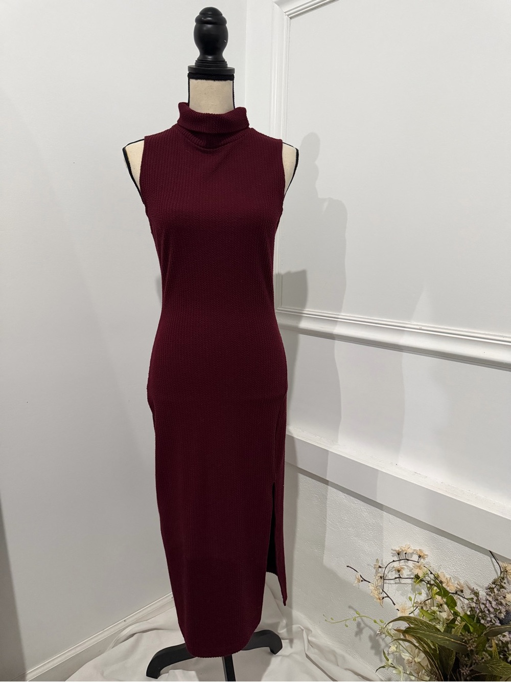 silence + noise Sleeveless Turtleneck Midi Dress in Burgundy